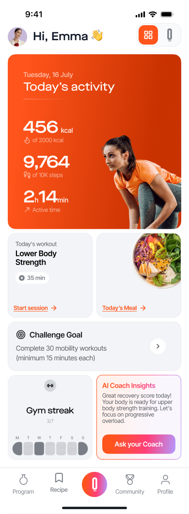 GoGain Fit app home screen: today’s activity, workout, meals and AI coach.
